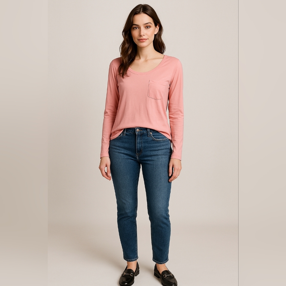 Sundance Catalogue Scoop Neck Long Sleeve Pocket Tee Coral Accent Seams XL